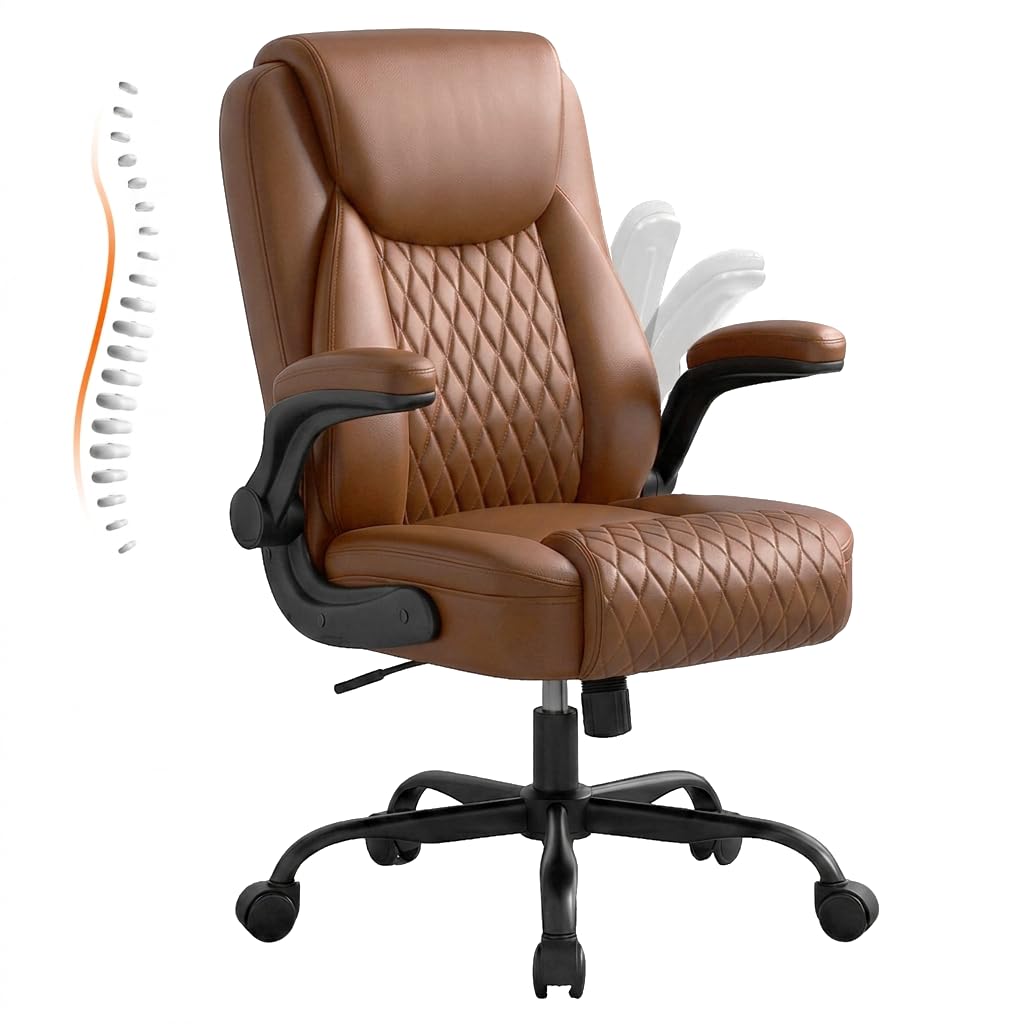 Brown PU Leather Office Chair with Flip-up Arms W536957