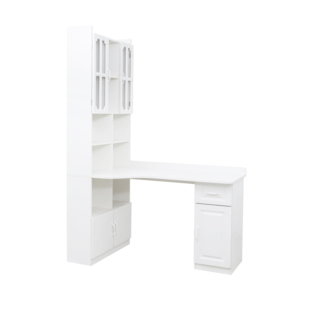 White L Shaped Corner Computer Desk with Bookshelf and Drawer F991