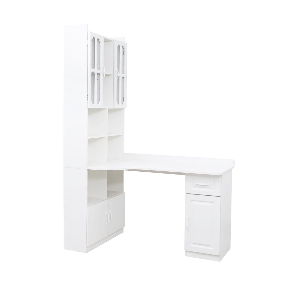 White L Shaped Corner Computer Desk with Bookshelf and Drawer F991