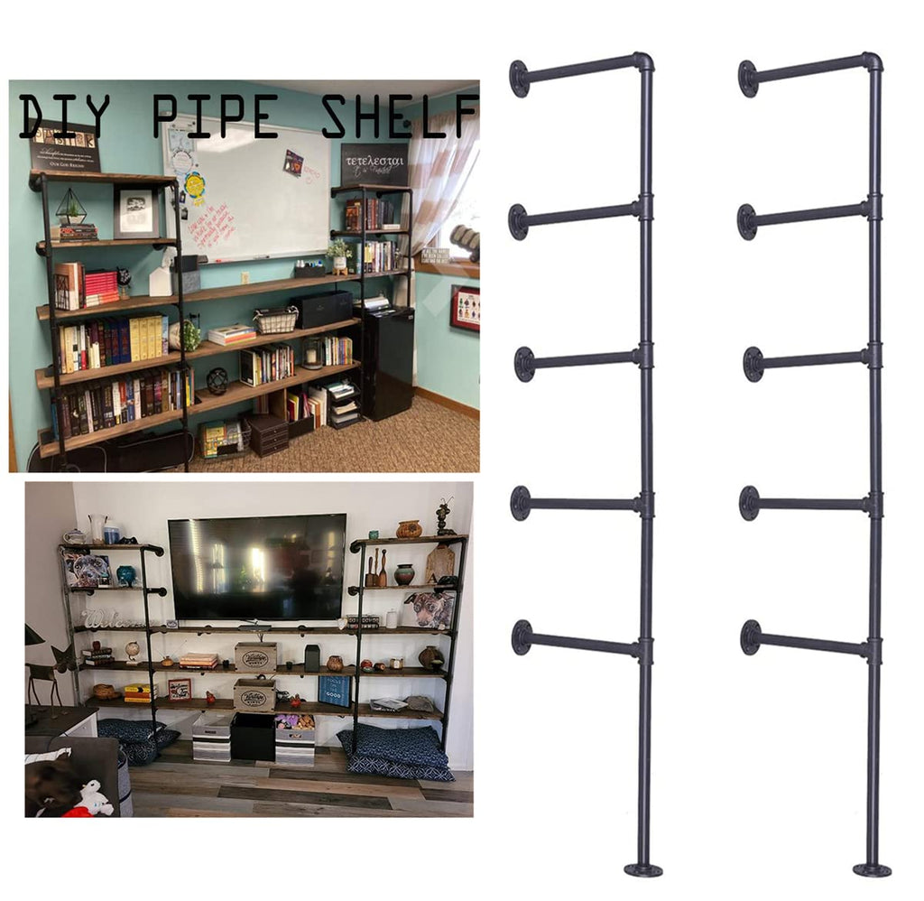 Black Iron Pipe Shelf Bracket, 2Pcs 5 Tier 70" Tall 12" Deep I185