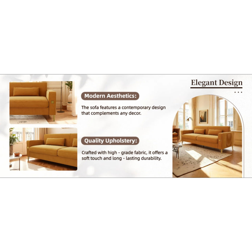 Orange Velvet Three-Seater Sofa with Metal Legs F688