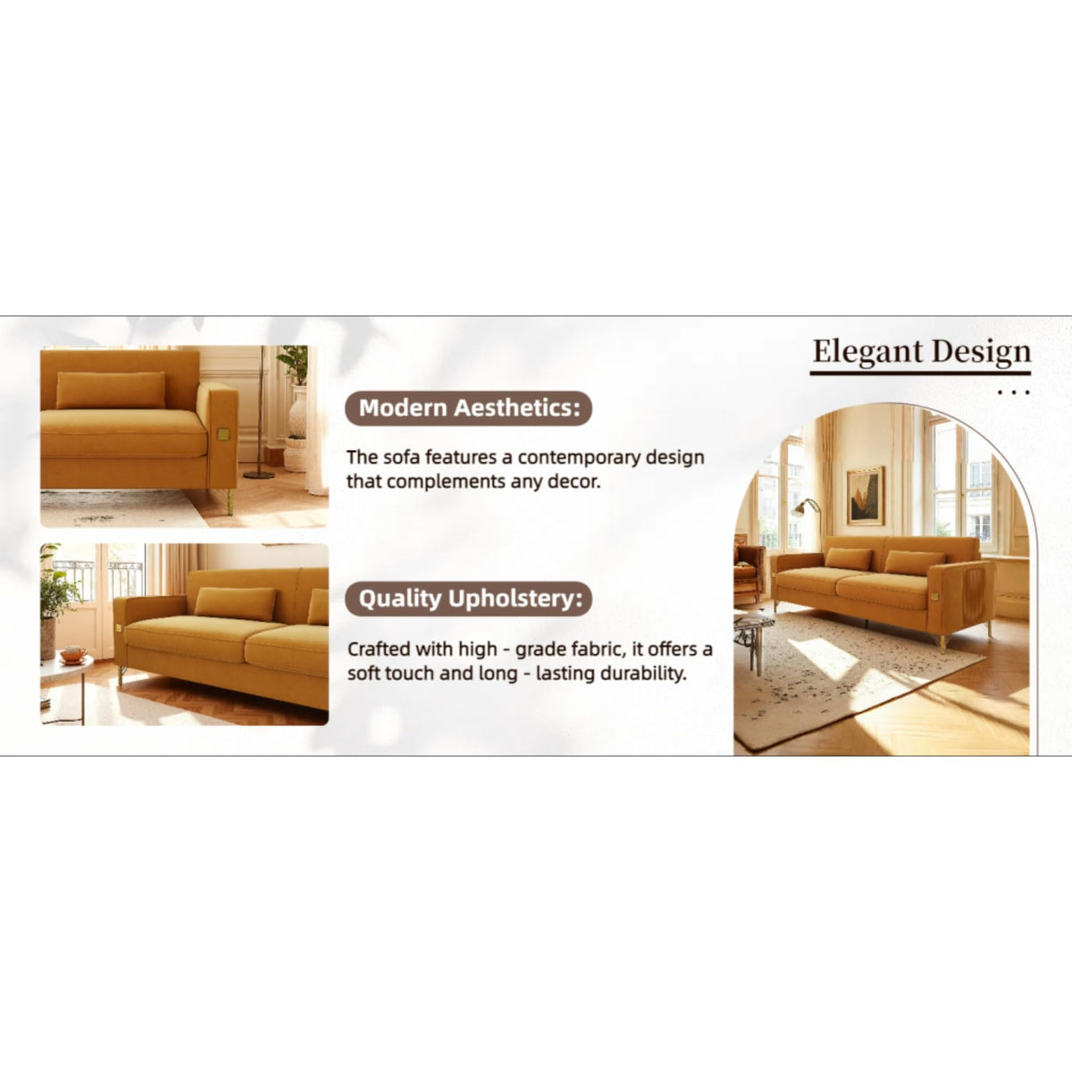 Orange Velvet Three-Seater Sofa with Metal Legs F688