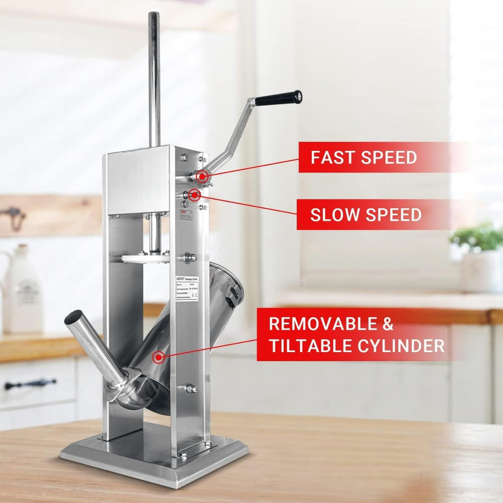 Manual Sausage Stuffer, 2 Speeds, 5 Filling Tubes, 11Lb/5L Stainless Steel K443771