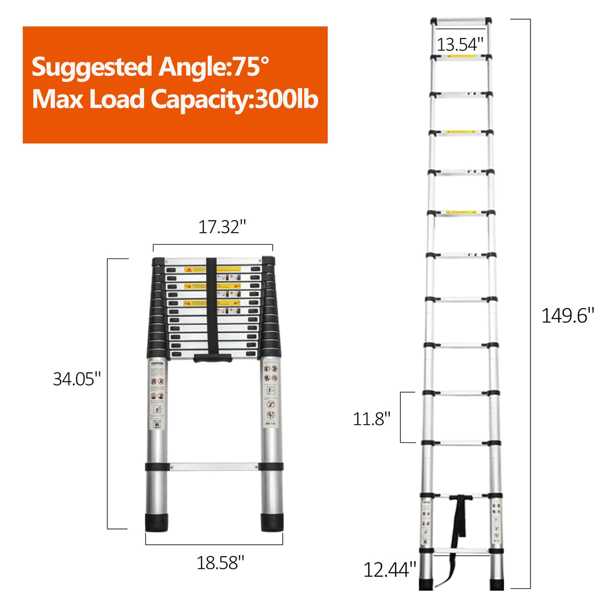 16.5FT Aluminum Telescoping Ladder, 300LB Capacity J96420