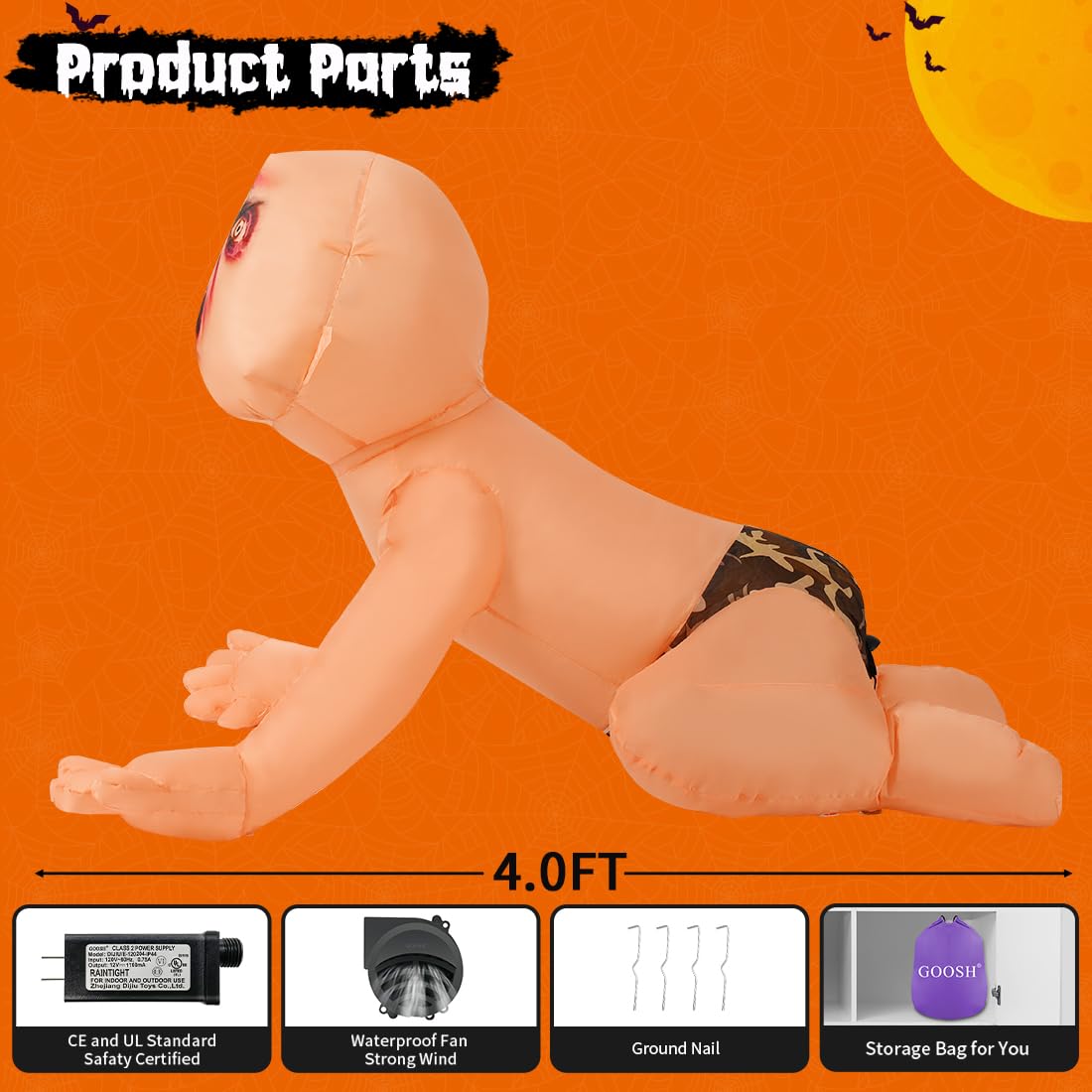 4 FT Inflatable Zombie with Built-in LEDs H222