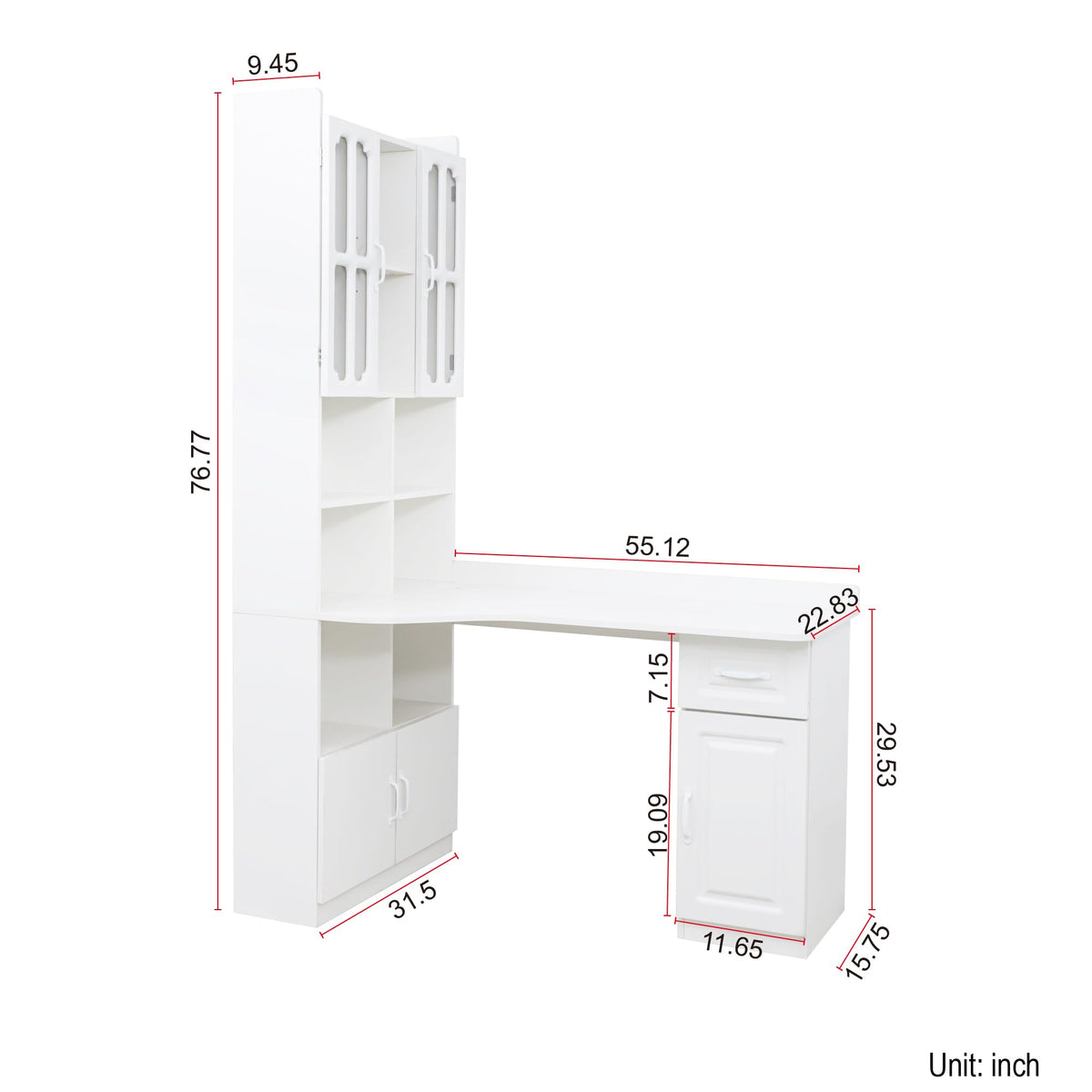White L Shaped Corner Computer Desk with Bookshelf and Drawer F991