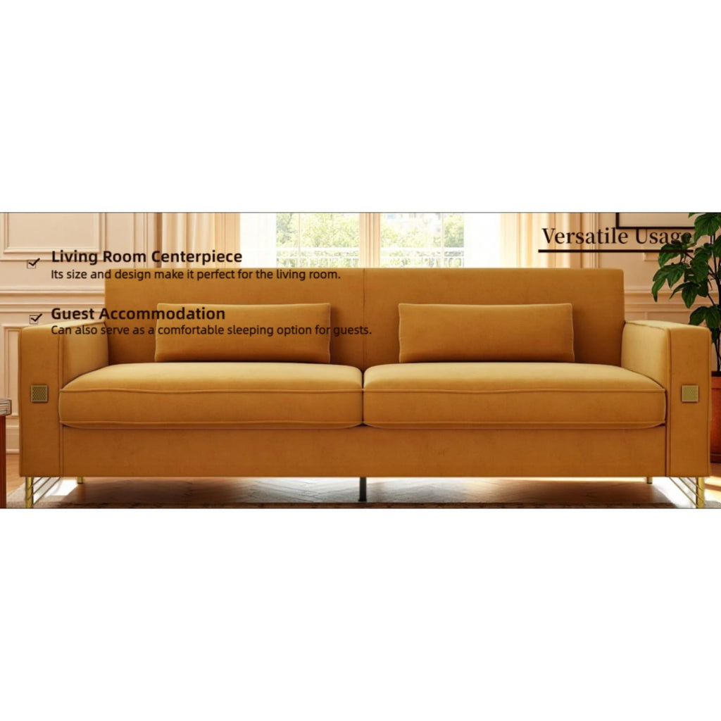 Orange Velvet Three-Seater Sofa with Metal Legs F688