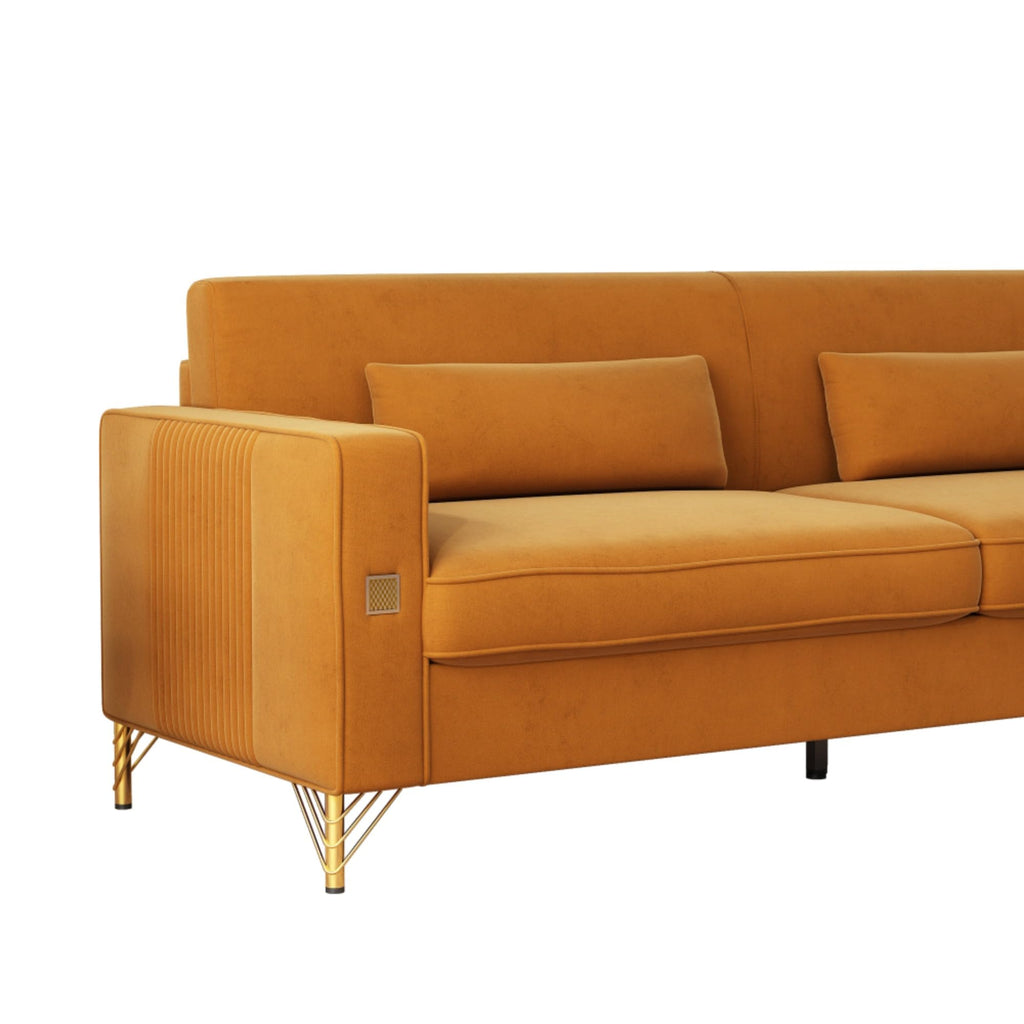 Orange Velvet Three-Seater Sofa with Metal Legs F688