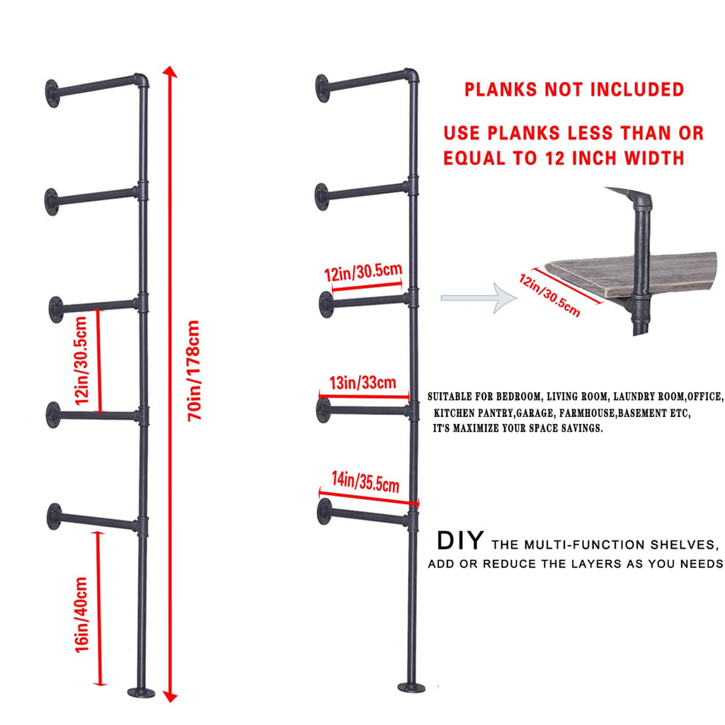 Black Iron Pipe Shelf Bracket, 2Pcs 5 Tier 70" Tall 12" Deep I185