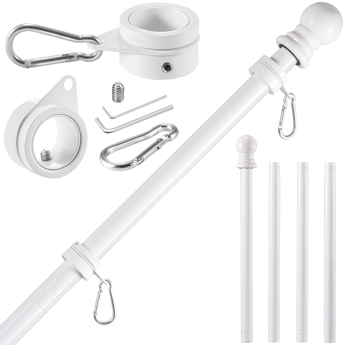 White 5 FT Stainless Steel Wall Mount Flag Pole Kit with 360° Rotating Rings V5262