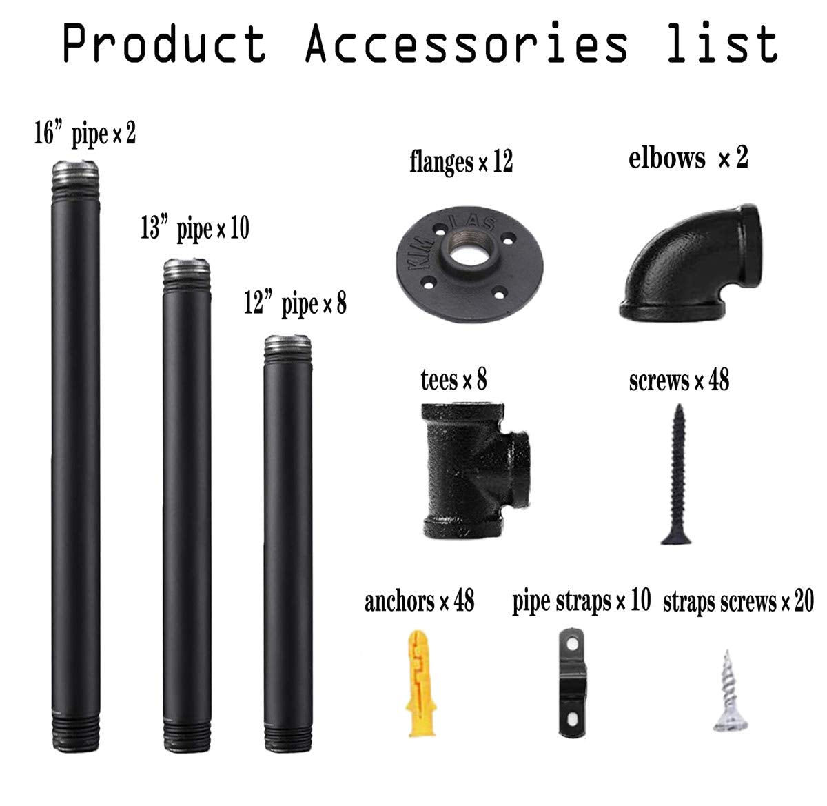Black Iron Pipe Shelf Bracket, 2Pcs 5 Tier 70" Tall 12" Deep I185