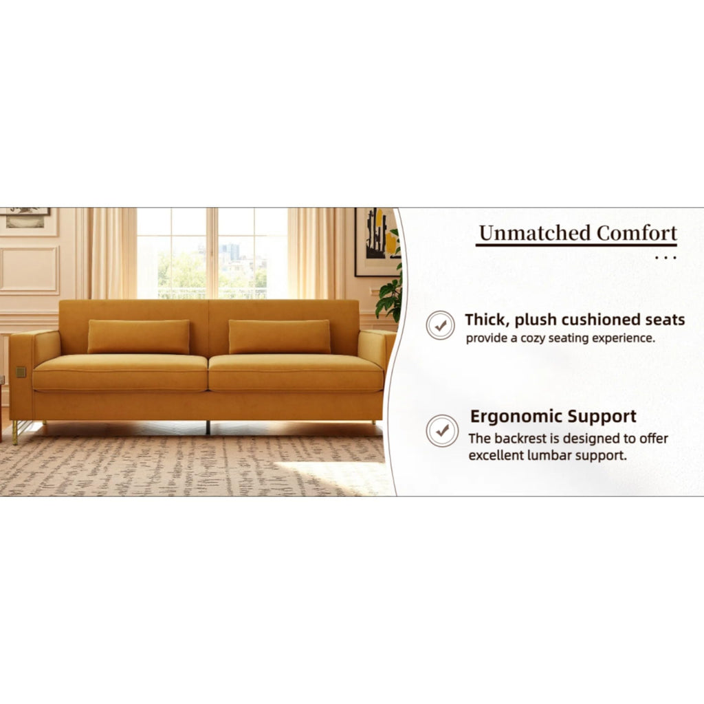 Orange Velvet Three-Seater Sofa with Metal Legs F688