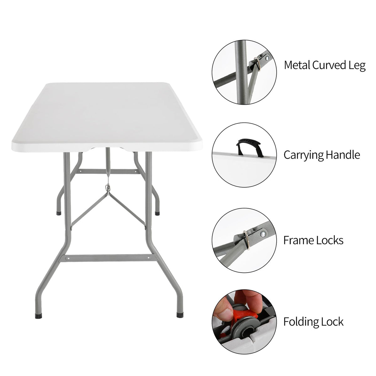 6 Foot Foldable White Plastic Table with Carrying Handle V815