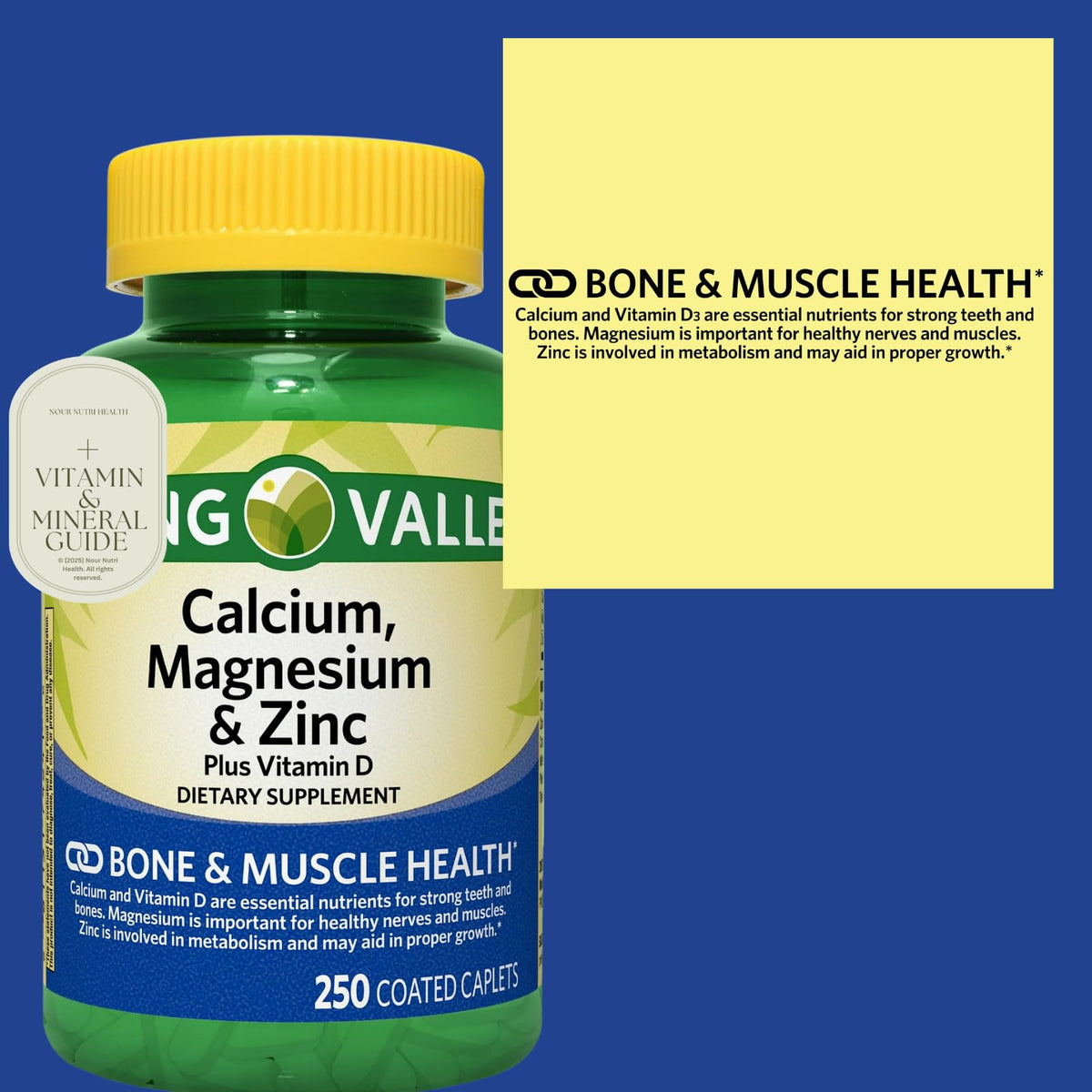Calcium Magnesium Zinc Vitamin D3 Supplement 250 Caplets Gluten Free H238375