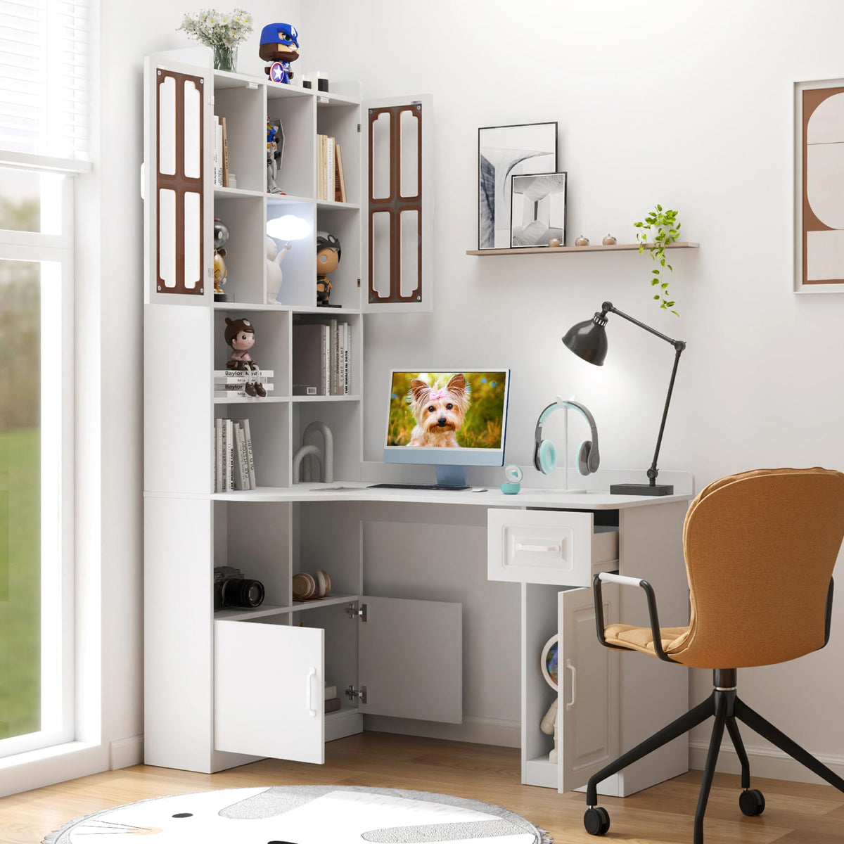 White L Shaped Corner Computer Desk with Bookshelf and Drawer F991