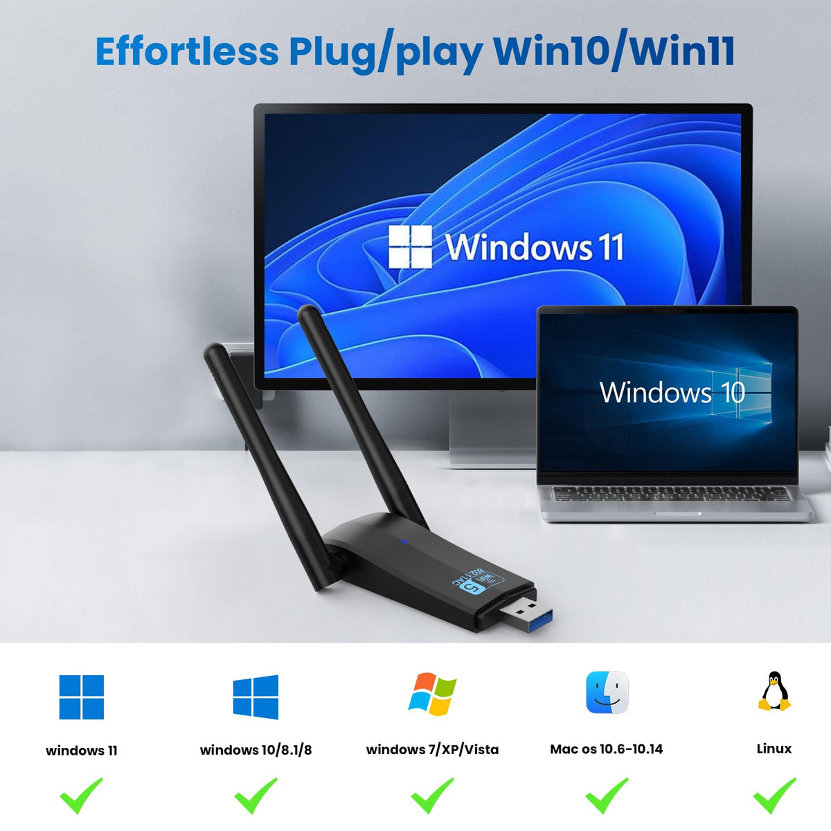 Wireless USB 3.0 WiFi Adapter 5G 2.4G Dual-Band 1300Mbps Dual 5Dbi Antennas Y19988