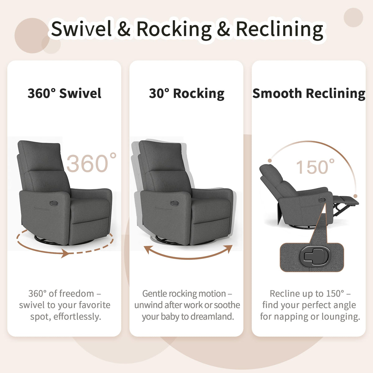 Dark Gray Swivel Rocker Recliner Chair Y352047