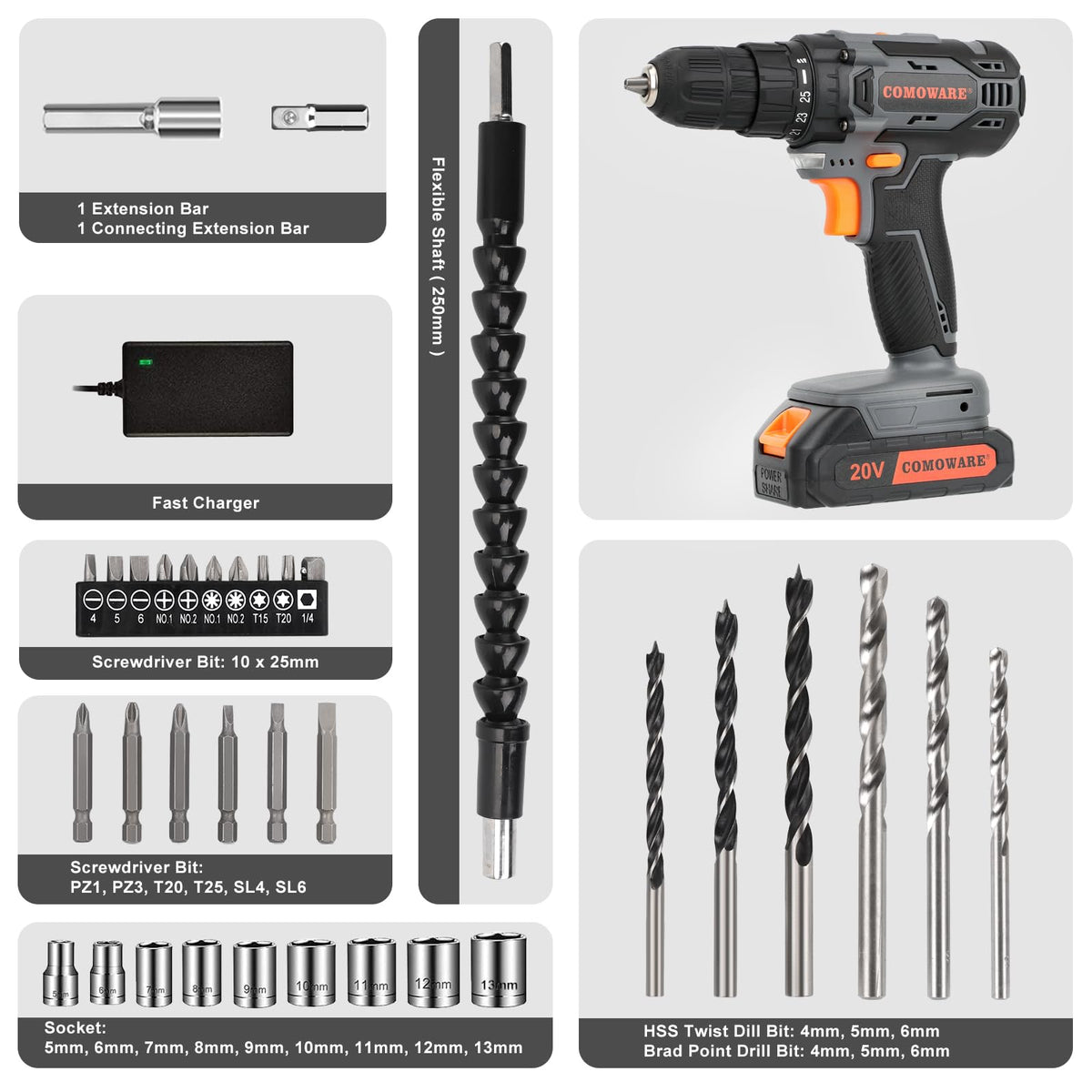 Cordless Drill Set 20V 3/8" Keyless Chuck 2 Variable Speed Orange A49826