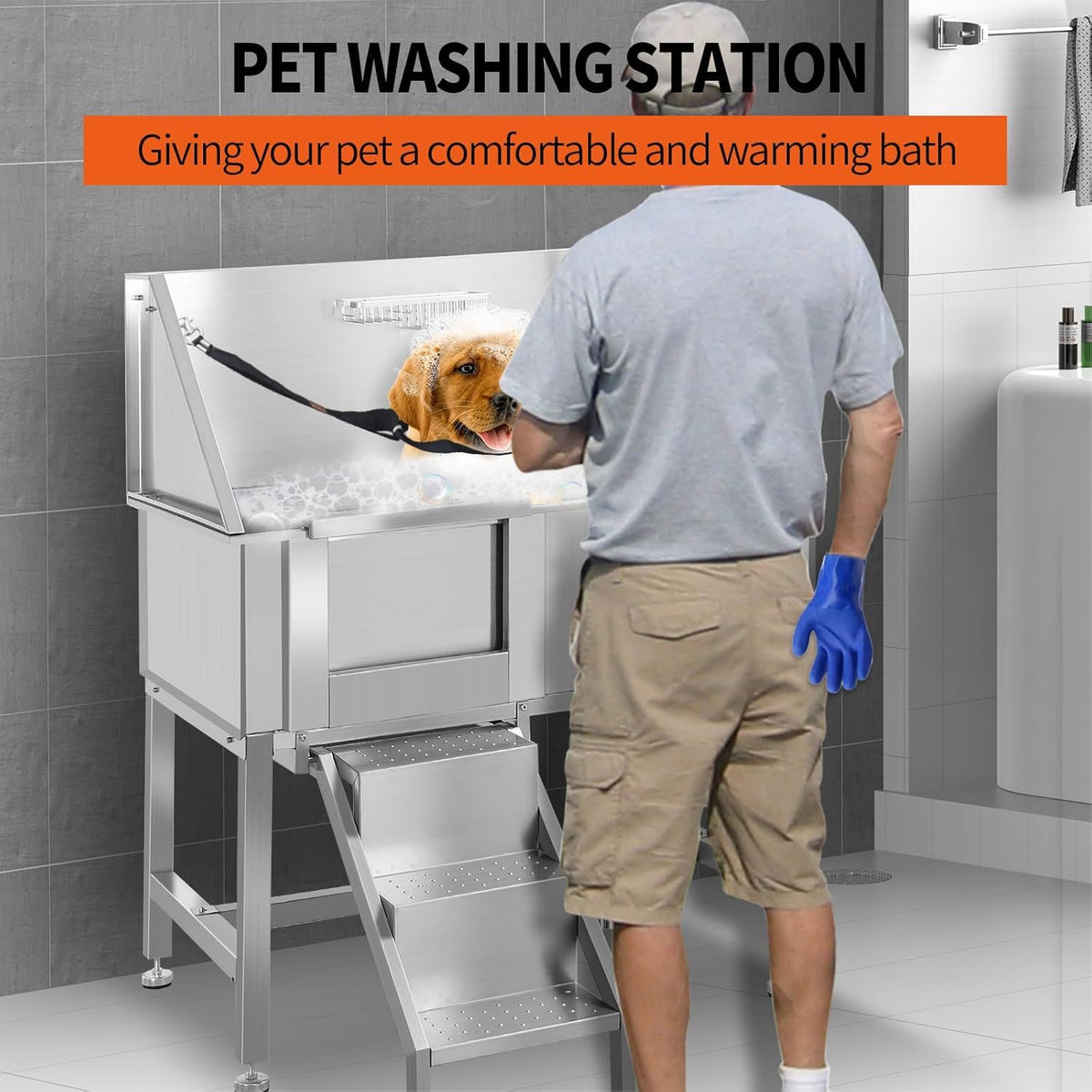 38" Stainless Steel Dog Grooming Tub with Stairs W8149