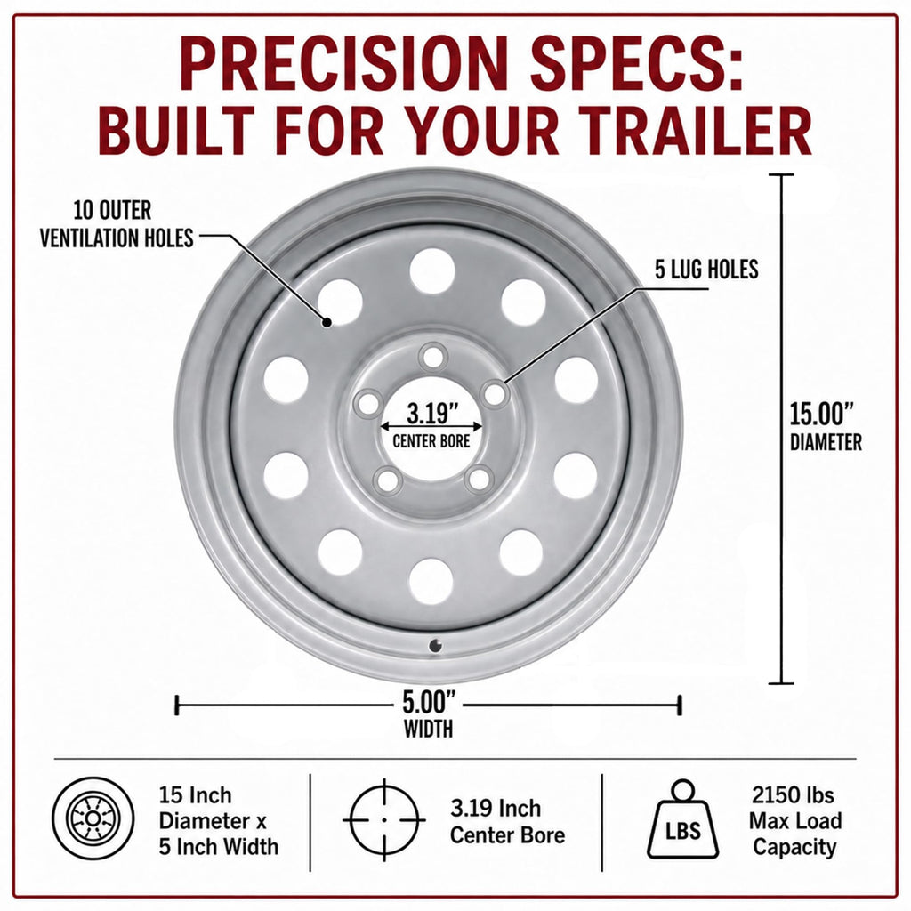 15 Inch 5 Lug Silver Trailer Wheel O420