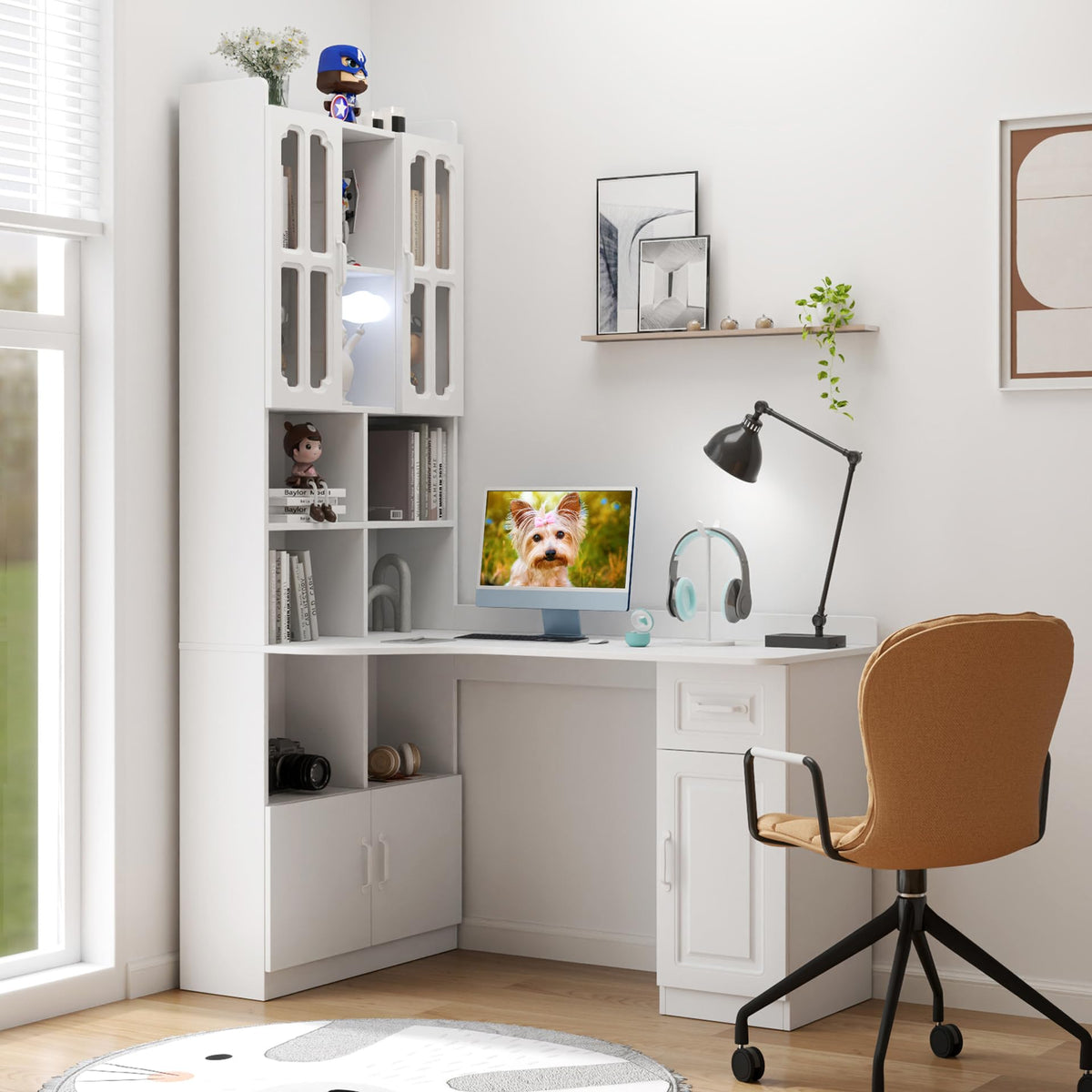 White L Shaped Corner Computer Desk with Bookshelf and Drawer F991