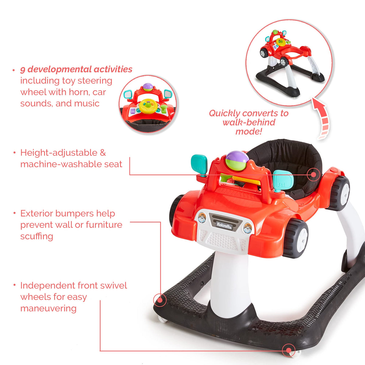 2-in-1 Baby Push Walker with Wheels, Seated or Walk-Behind, Racer Red L980577