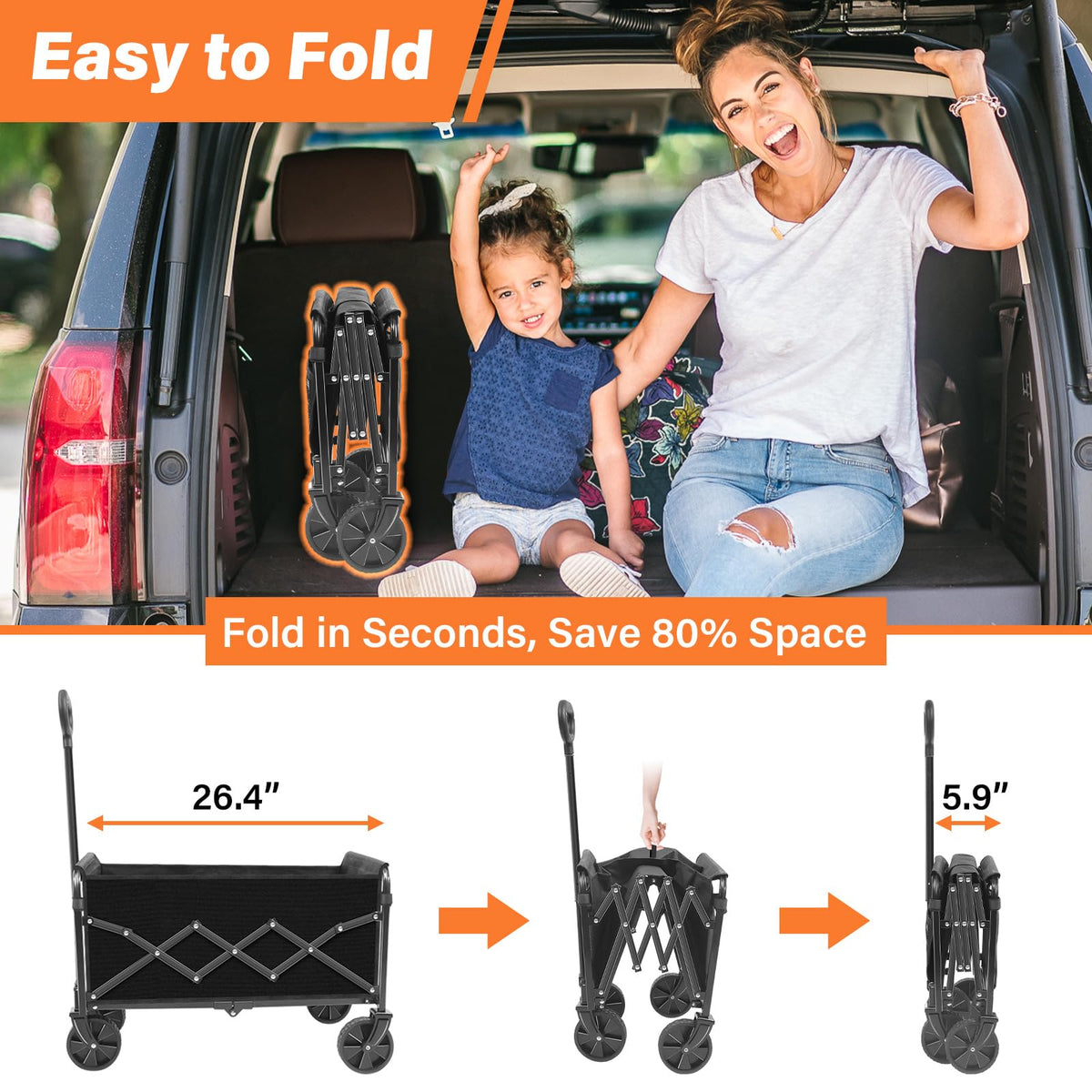 Foldable Collapsible Wagon Cart with Wheels, 280 lbs Heavy Duty Capacity, Graphite Black K6760