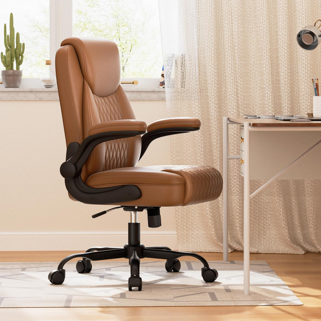 Brown PU Leather Office Chair with Flip-up Arms W536957