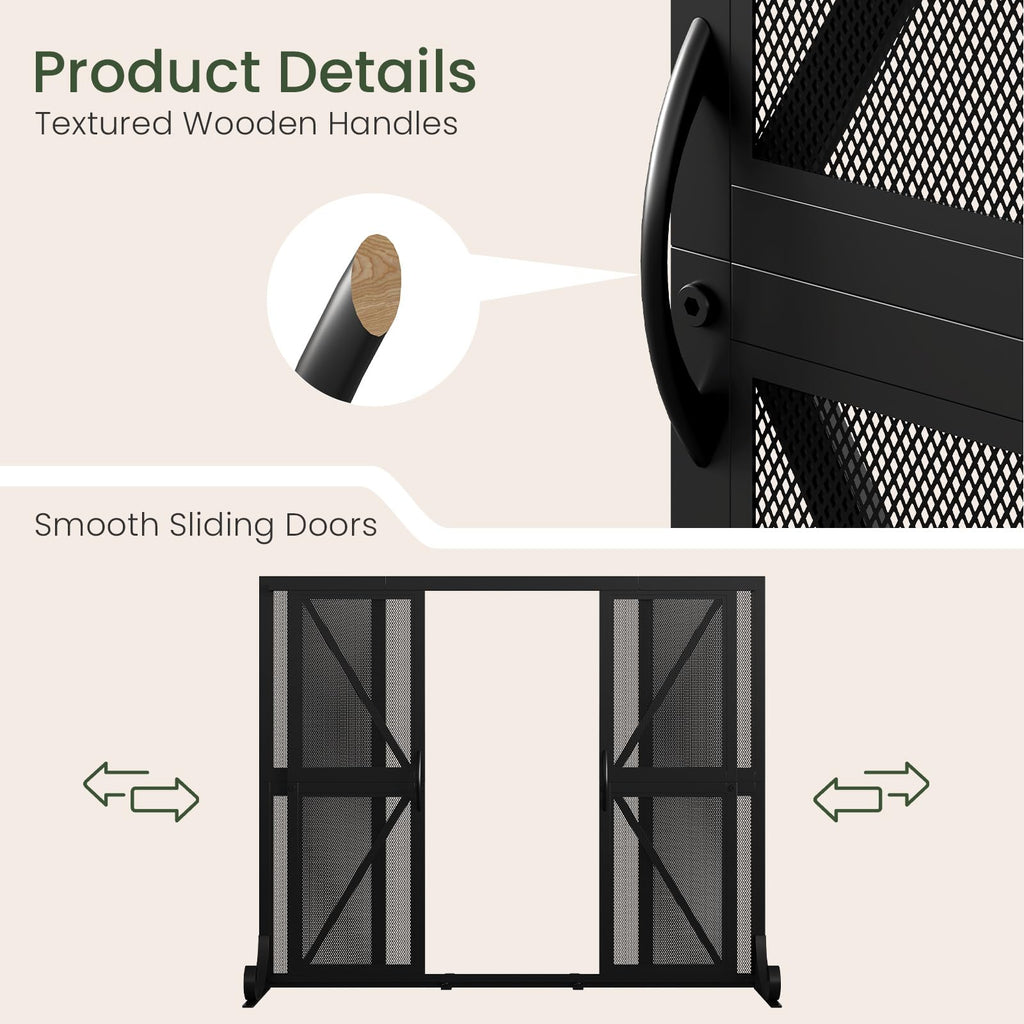 Black Wrought Iron Mesh Fireplace Screen with Sliding Doors N2226