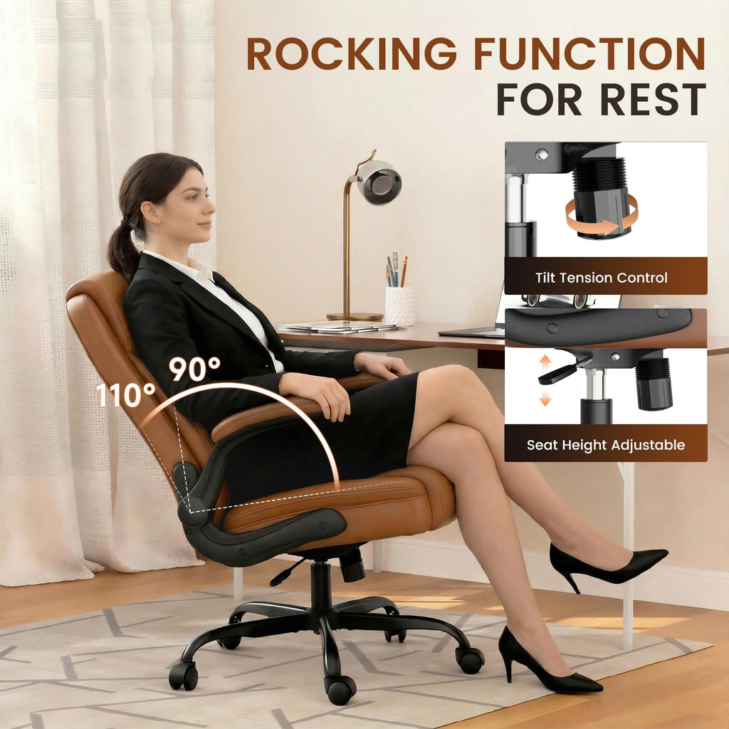 Brown PU Leather Office Chair with Flip-up Arms W536957