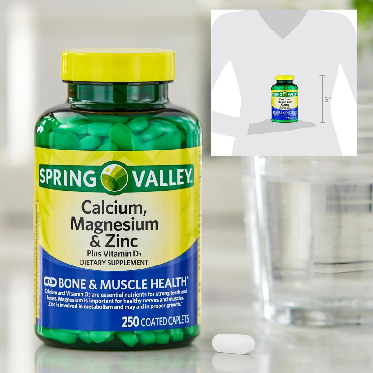 Calcium Magnesium Zinc Vitamin D3 Supplement 250 Caplets Gluten Free H238375