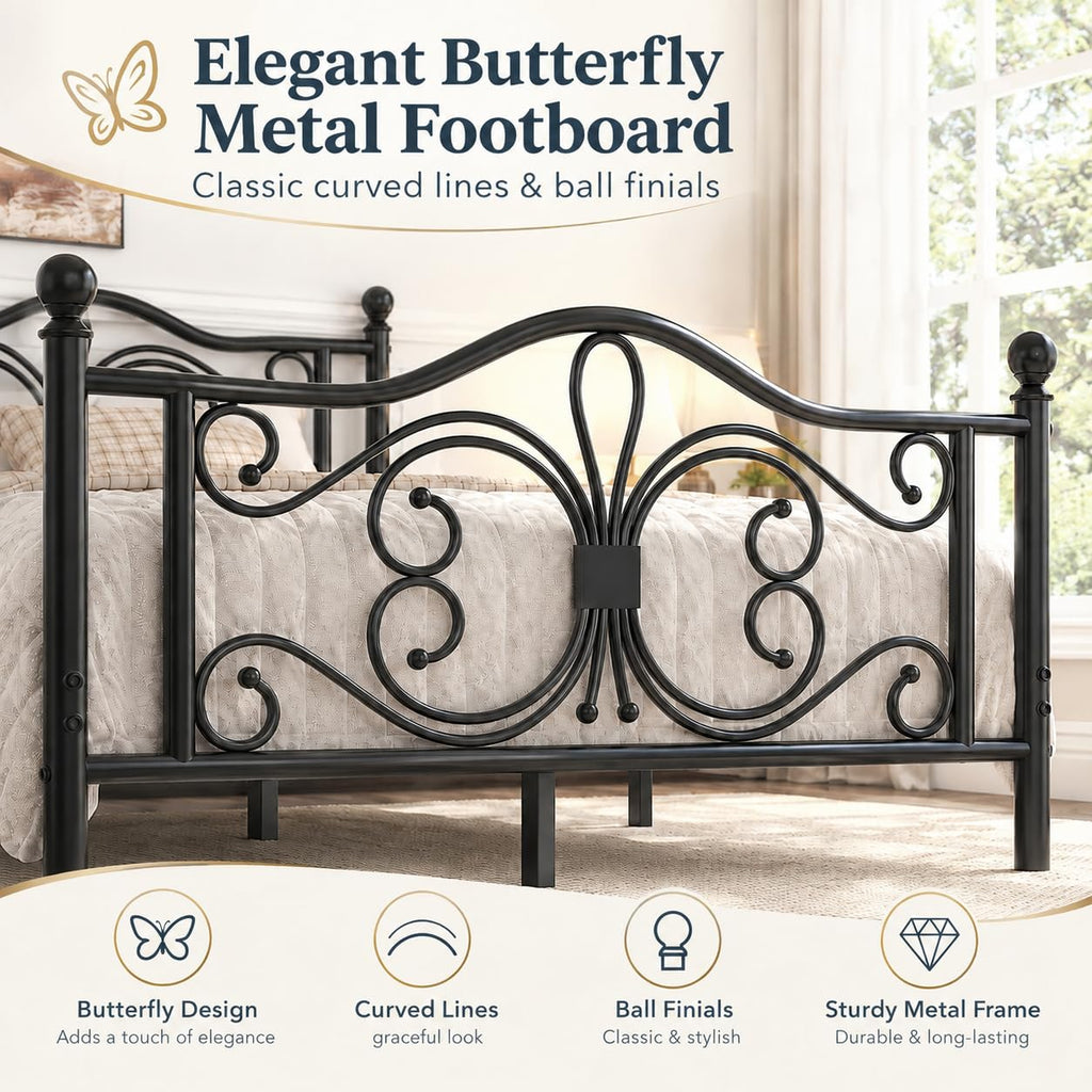 Full Size Bed Frame with Butterfly Pattern Headboard, Black K5333