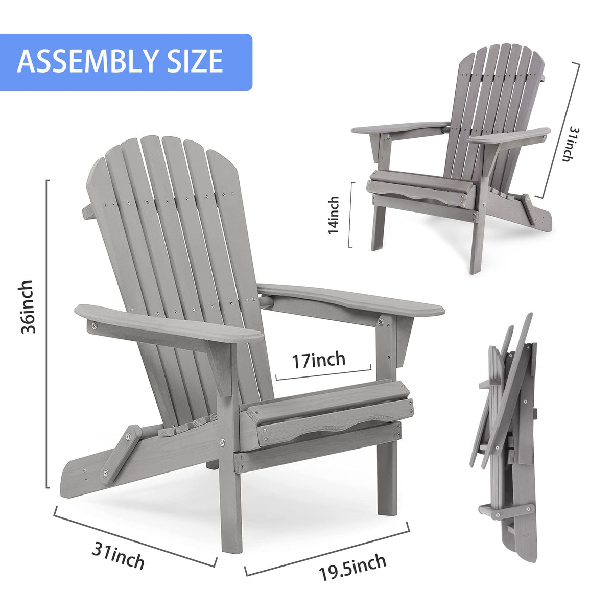 Folding Solid Wood Adirondack Chair Set of 2 Grey K3105