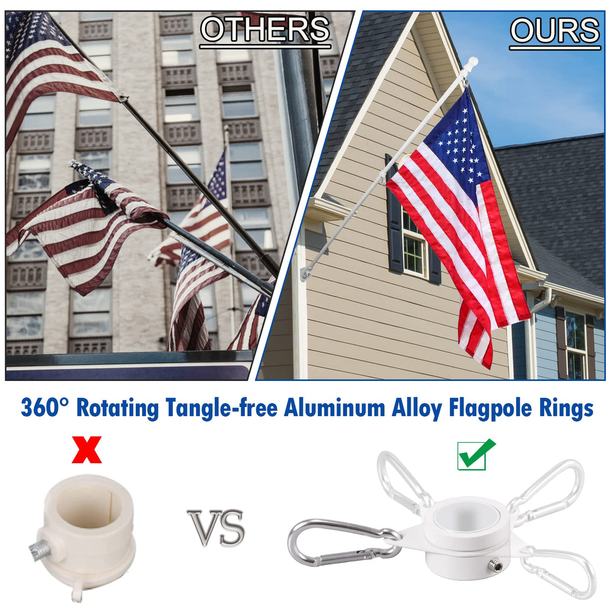 White 5 FT Stainless Steel Wall Mount Flag Pole Kit with 360° Rotating Rings V5262