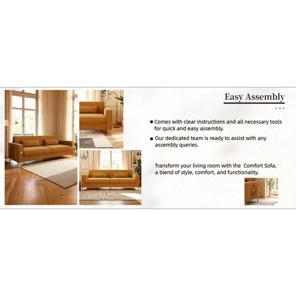 Orange Velvet Three-Seater Sofa with Metal Legs F688