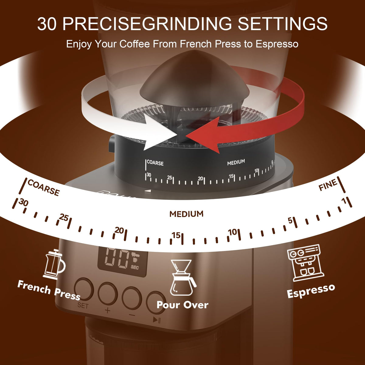 Electric Stainless Steel Conical Burr Coffee Grinder with 30 Grind Settings Z804