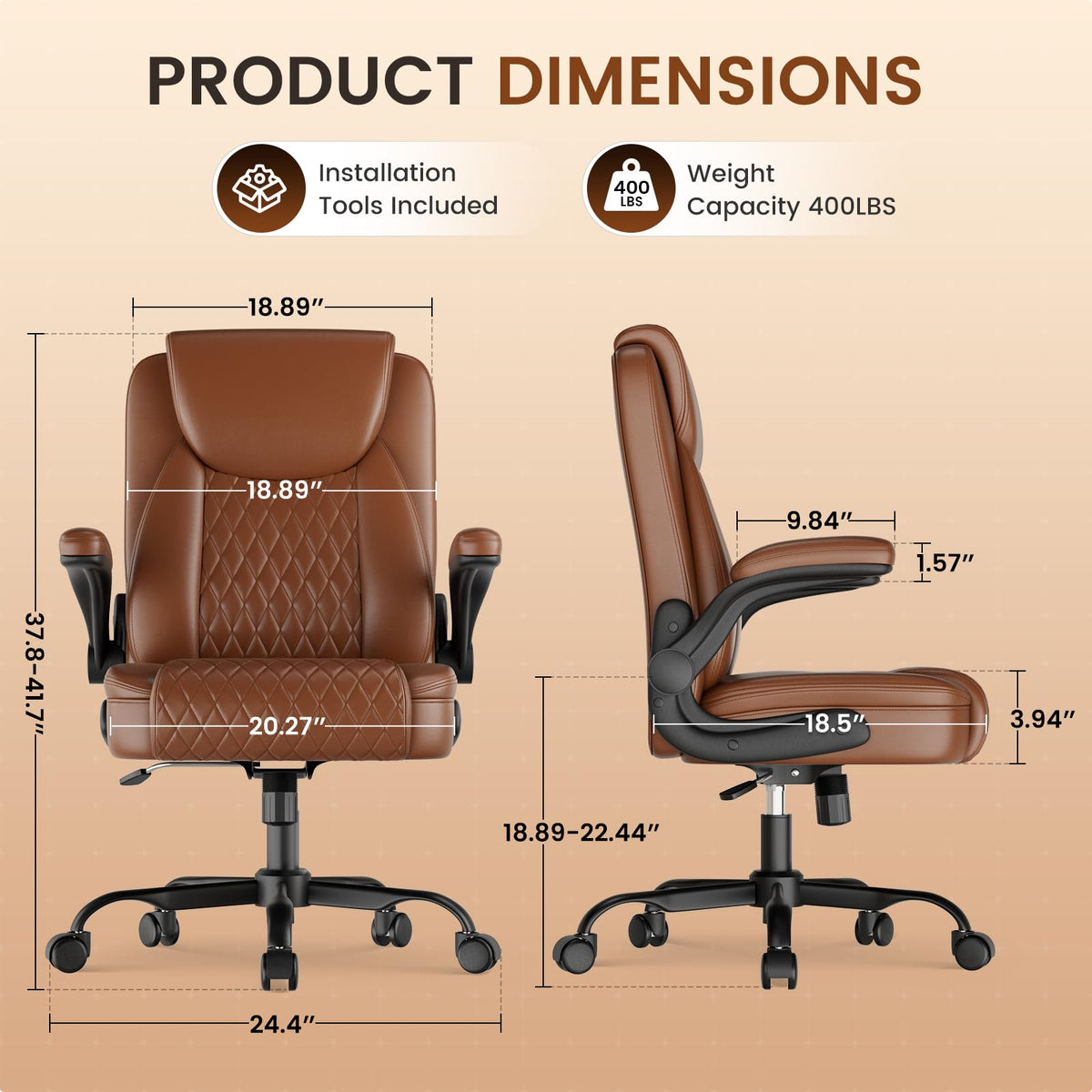 Brown PU Leather Office Chair with Flip-up Arms W536957