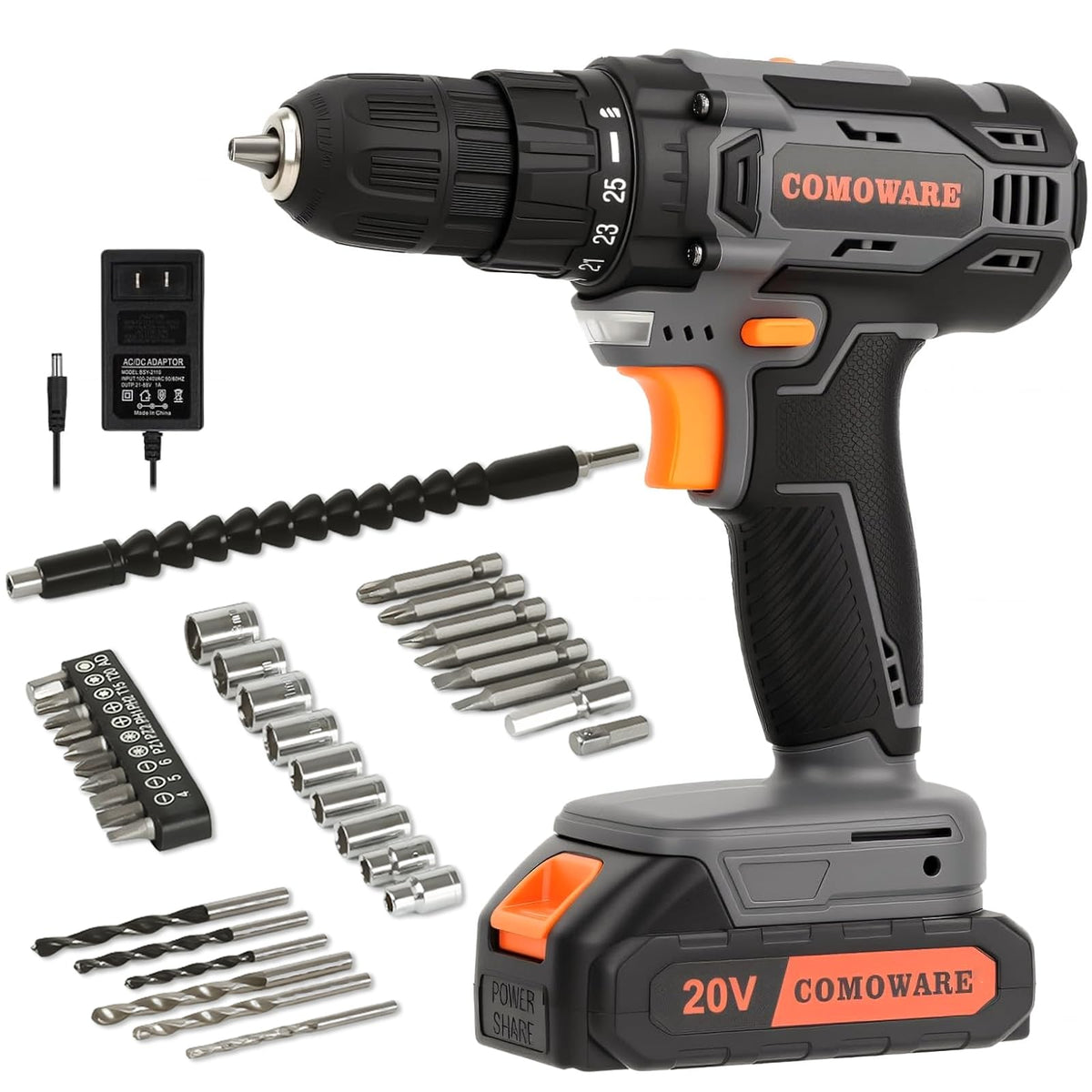 Cordless Drill Set 20V 3/8" Keyless Chuck 2 Variable Speed Orange A49826