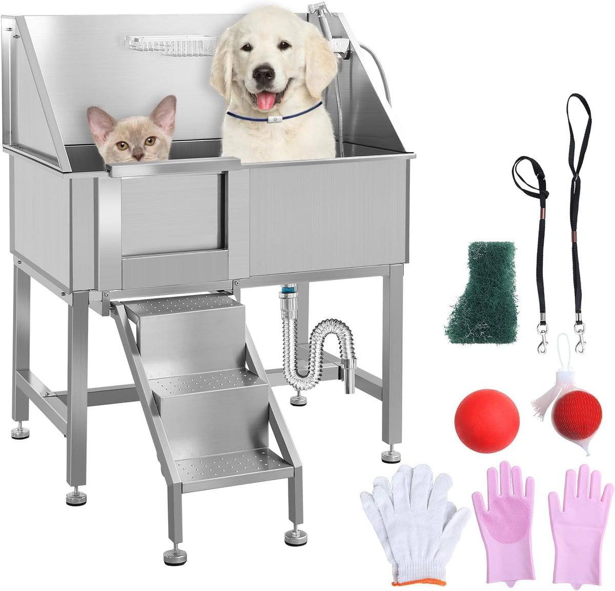 38" Stainless Steel Dog Grooming Tub with Stairs W8149