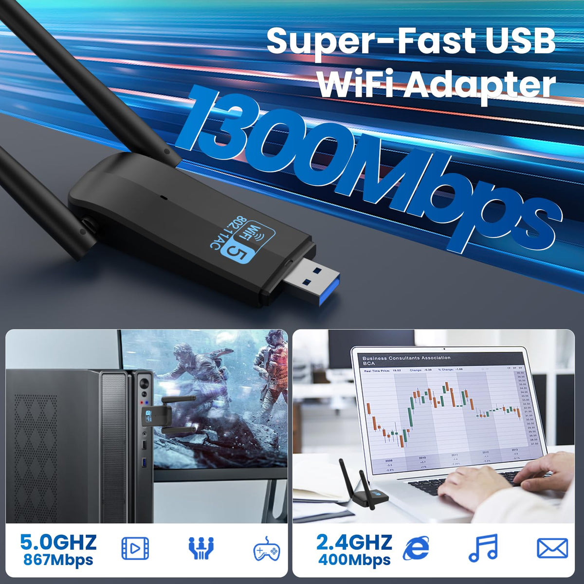 Wireless USB 3.0 WiFi Adapter 5G 2.4G Dual-Band 1300Mbps Dual 5Dbi Antennas Y19988