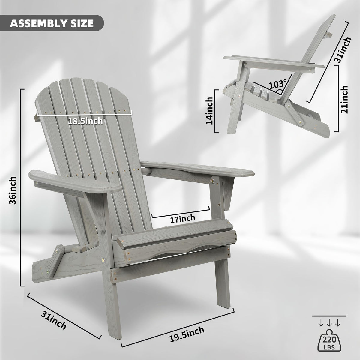 Folding Adirondack Chair Set of 2 Solid Cedar Wood Gray G4320