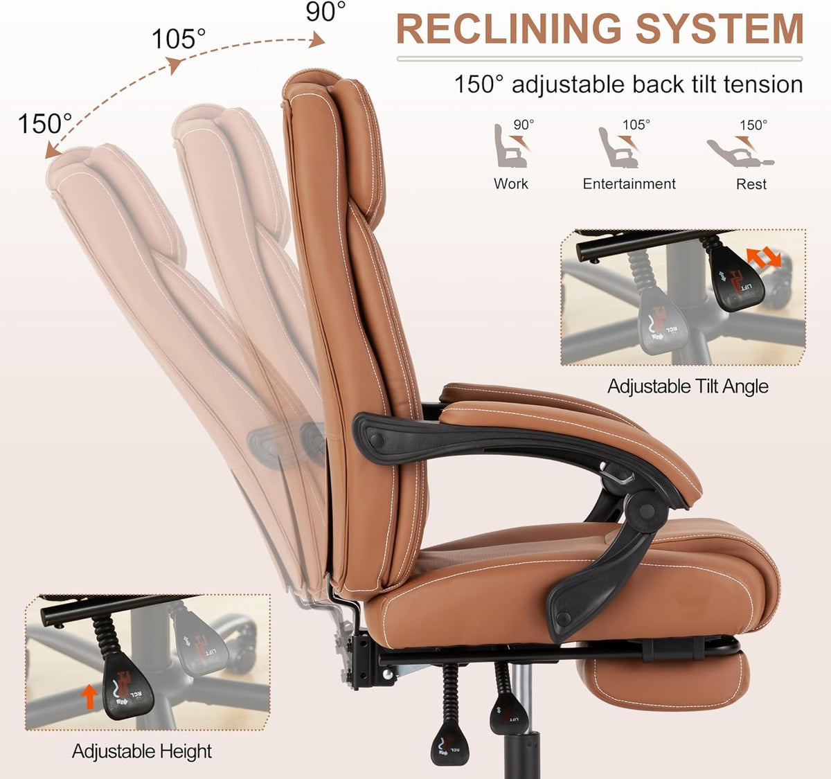 Brown Ergonomic Reclining Office Chair with Footrest and Lumbar Support S476360