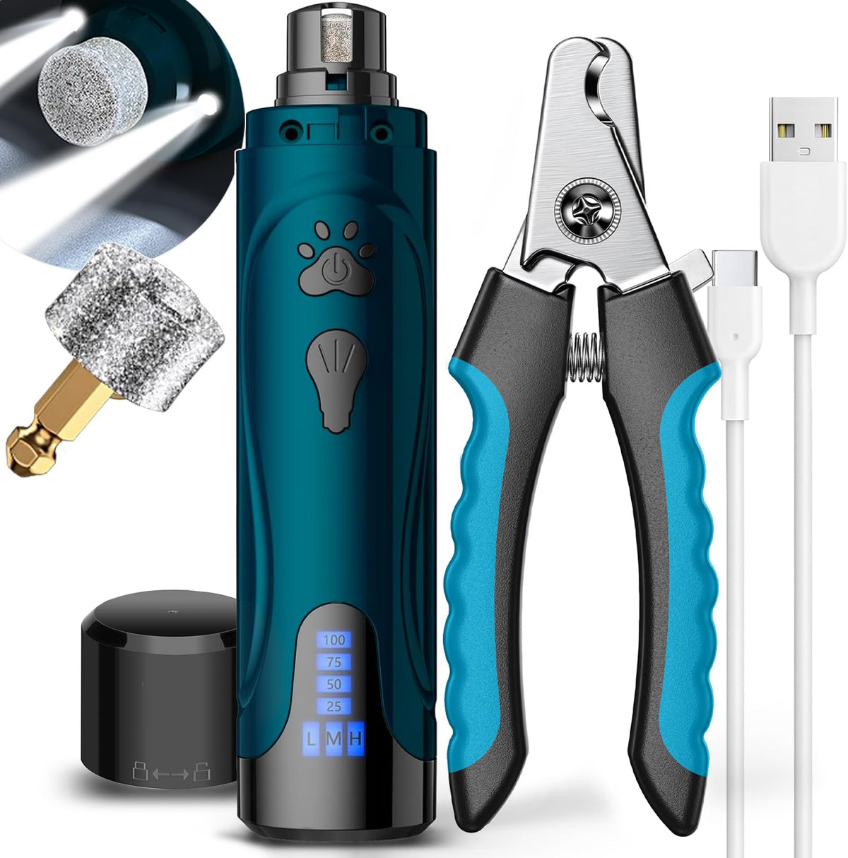Super Quiet Dog Nail Grinder & Clippers Kit with 2 LED Lights I402