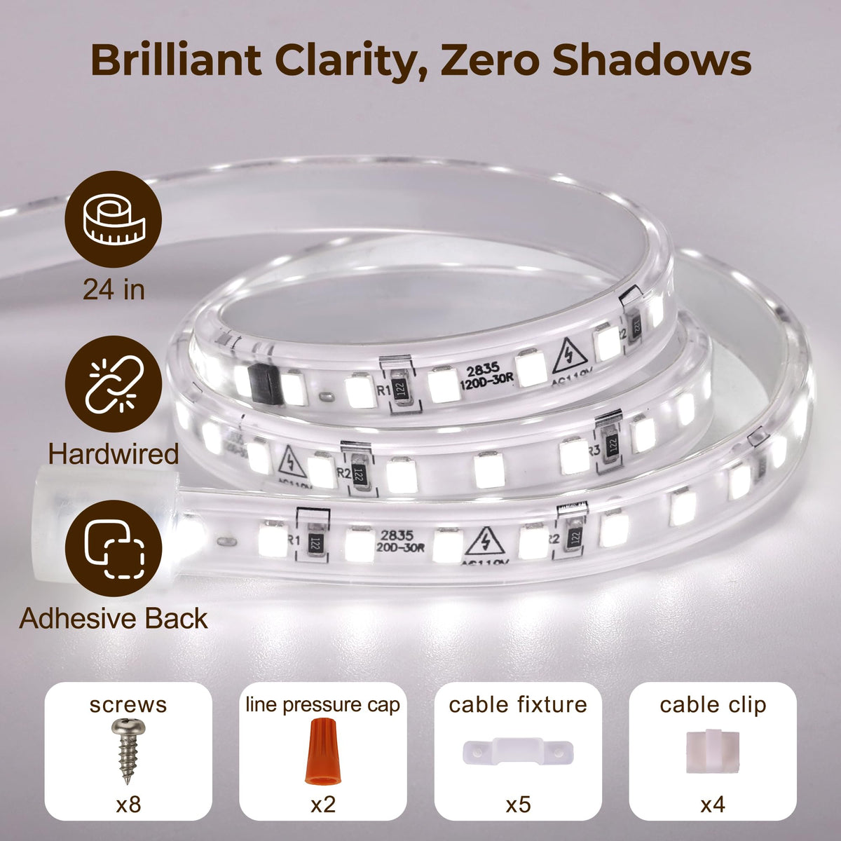 24inch 120V Wired Under Cabinet LED Strip Lights 6000K White Waterproof J7709