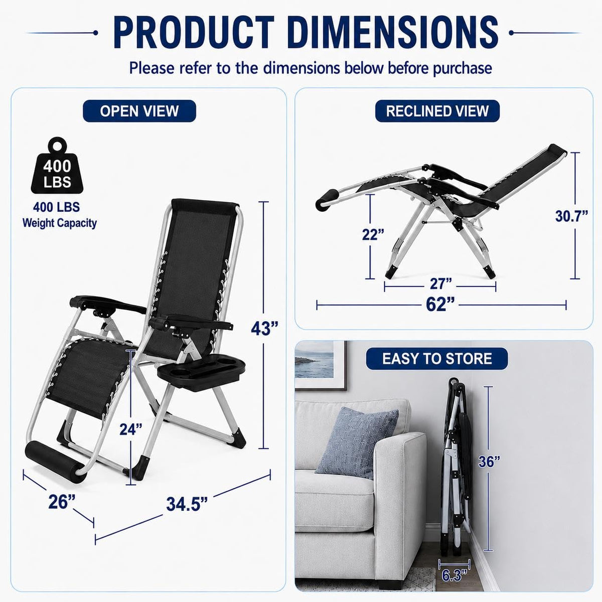26" Gray Zero Gravity Chair with Removable Cushion M5615