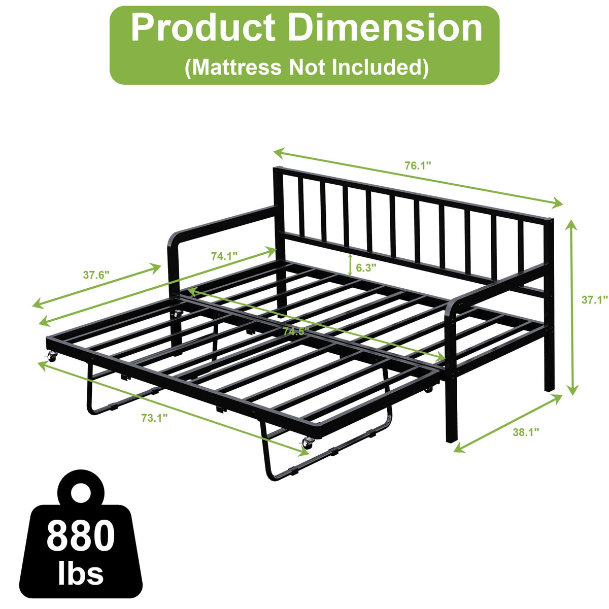 Twin Daybed with Pop Up Trundle, Metal Steel Slats, Black F31587