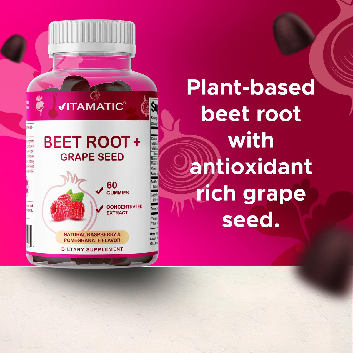 Beet Root Gummies with B6, B12, Grape Seed, Pomegranate & Nicotinamide 60 Count V73928