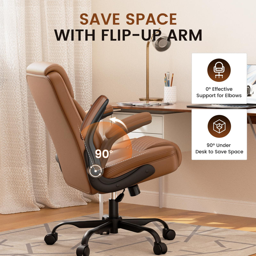 Brown PU Leather Office Chair with Flip-up Arms W536957