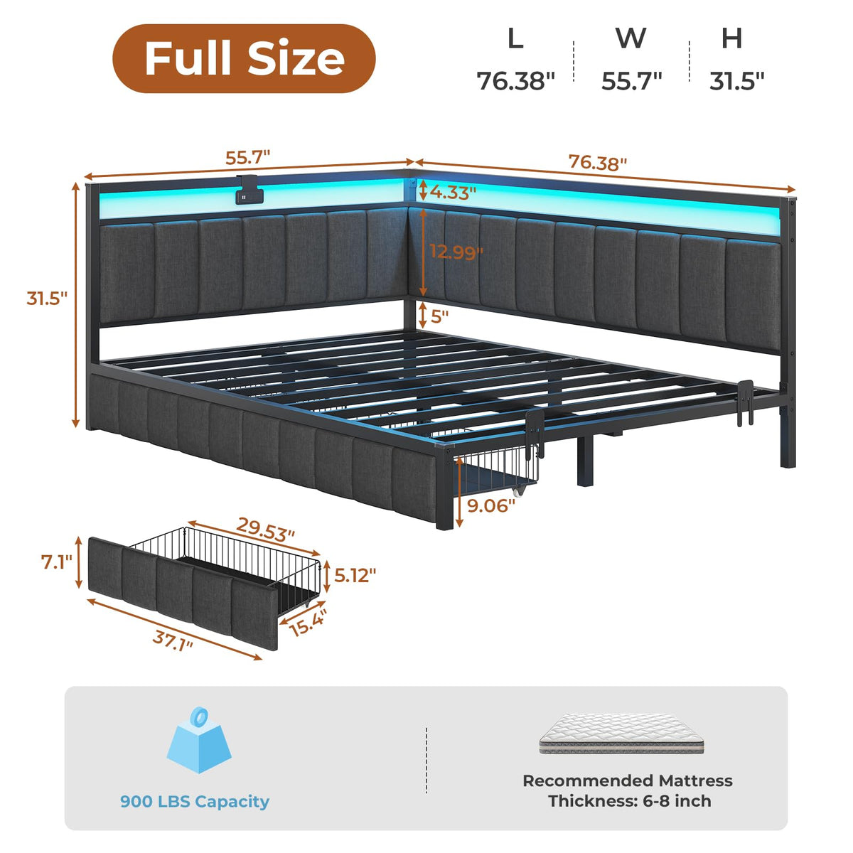 Full Size Corner Bed Frame with 2 Storage Drawers and Charging Station E7073
