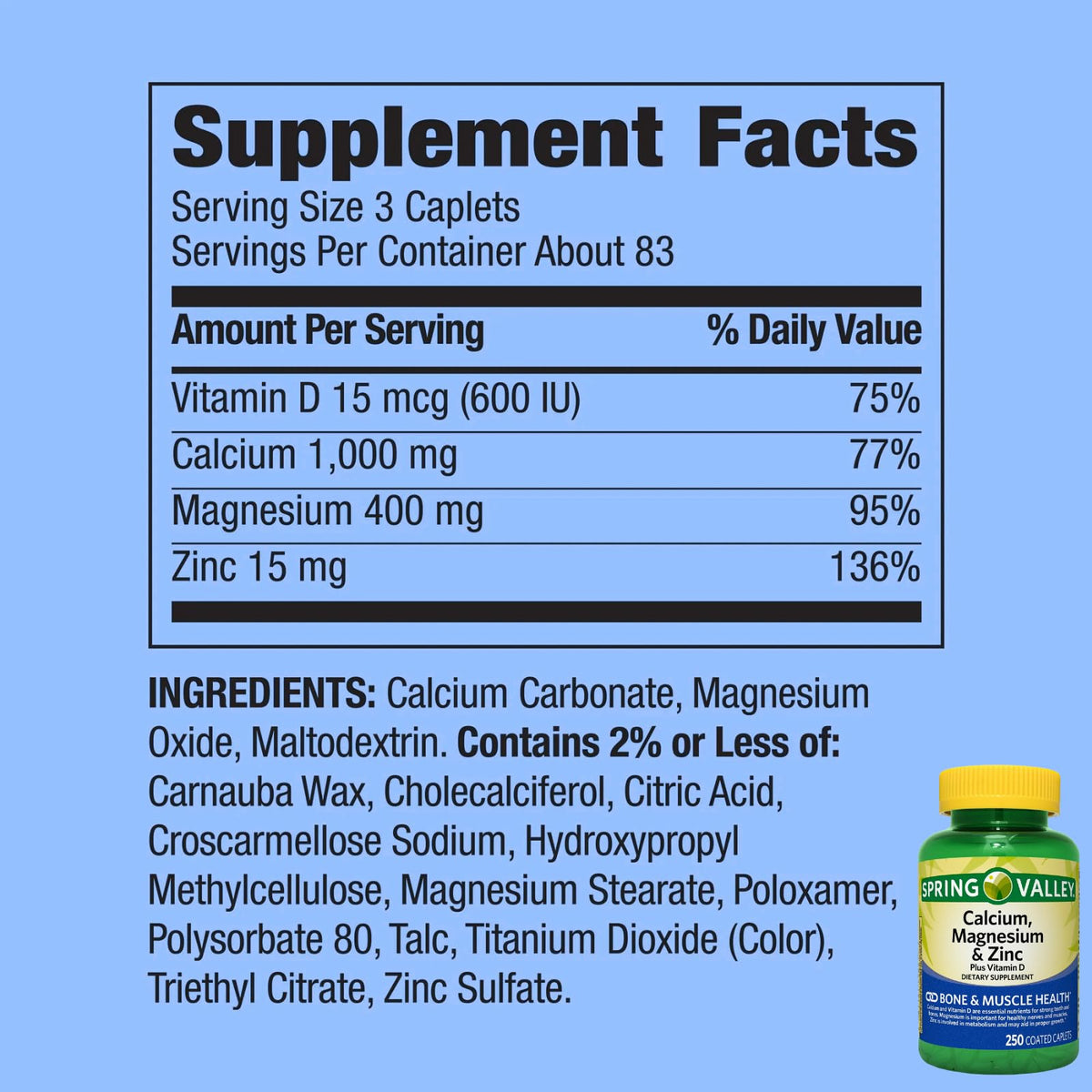 Calcium Magnesium Zinc Vitamin D3 Supplement 250 Caplets Gluten Free H238375